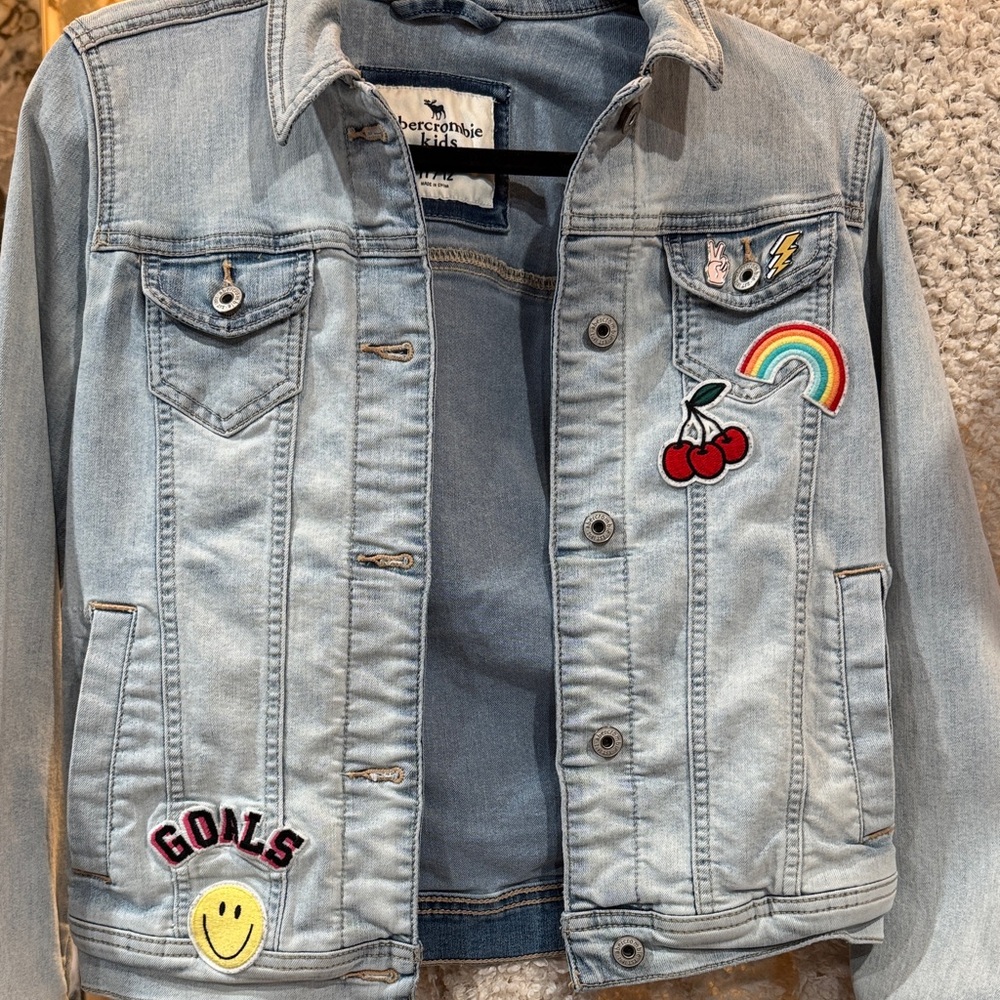 Abercrombie Kids Light Blue Jean Jacket with Colorful Patches